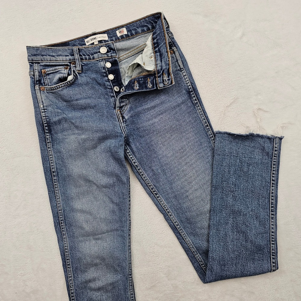 RE/DONE Mid 80s Jeans‎ Womens 26 Blue High Rise Raw Hem Straight Leg
